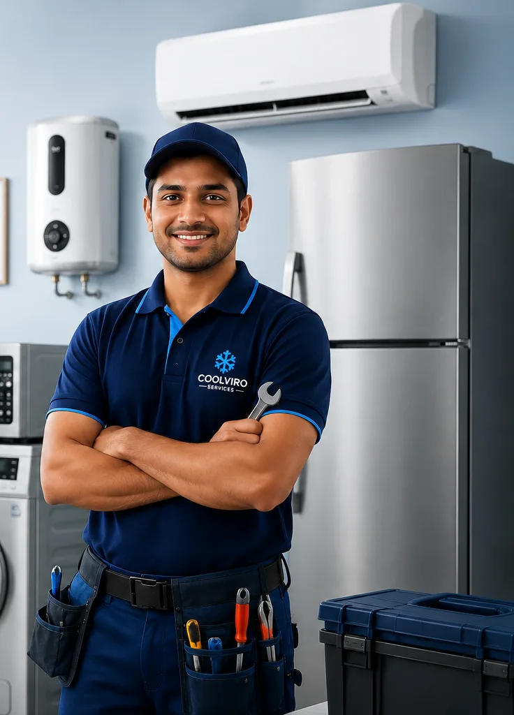 Coolviro Services technician with AC, refrigerator, geyser, microwave and washing machine